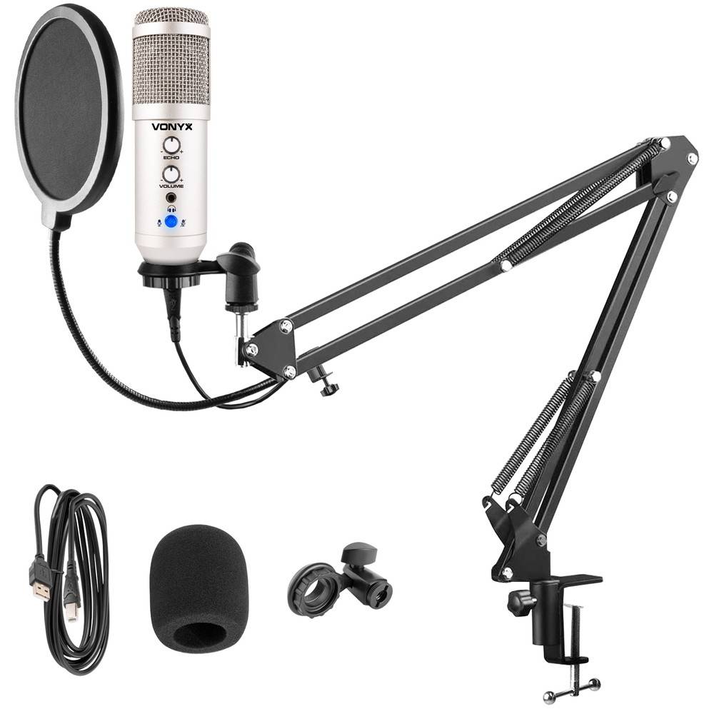 Vonyx CMS320S mikrofon studyjny USB z echem i ramieniem - srebrny